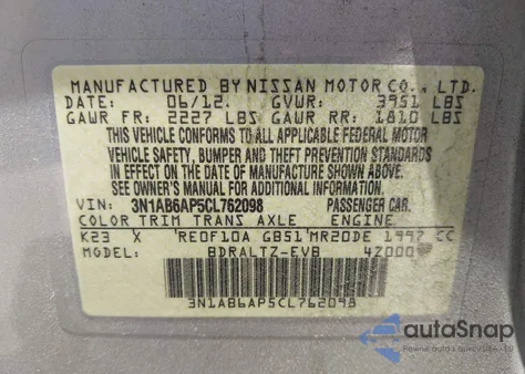 2012 Nissan Sentra 2.0 S z USA, uszkodzony, nr VIN 3N1AB6AP5CL762098